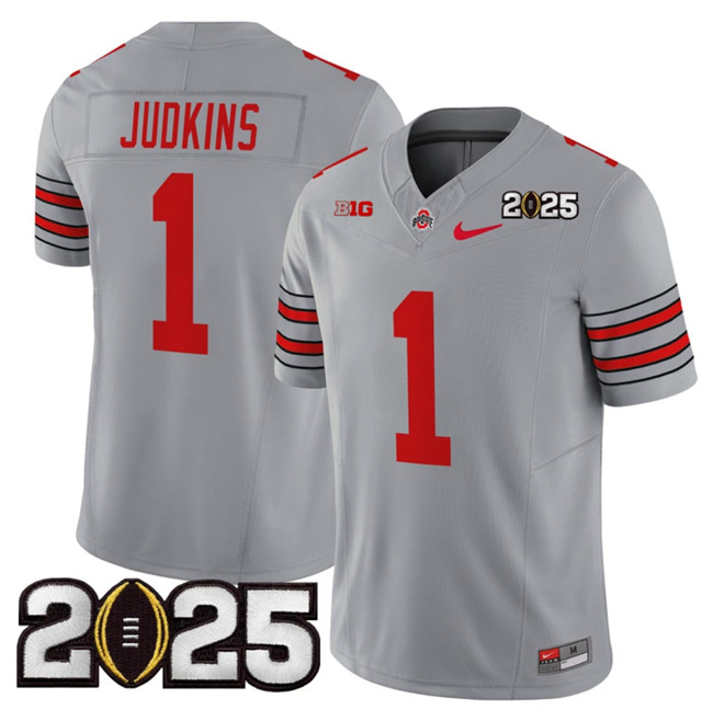 Men Ohio State Buckeyes #1 Quinshon Judkins Grey 2025 CFP Final Patch F.U.S.E. Vapor Limited Stitched NCAA Jersey